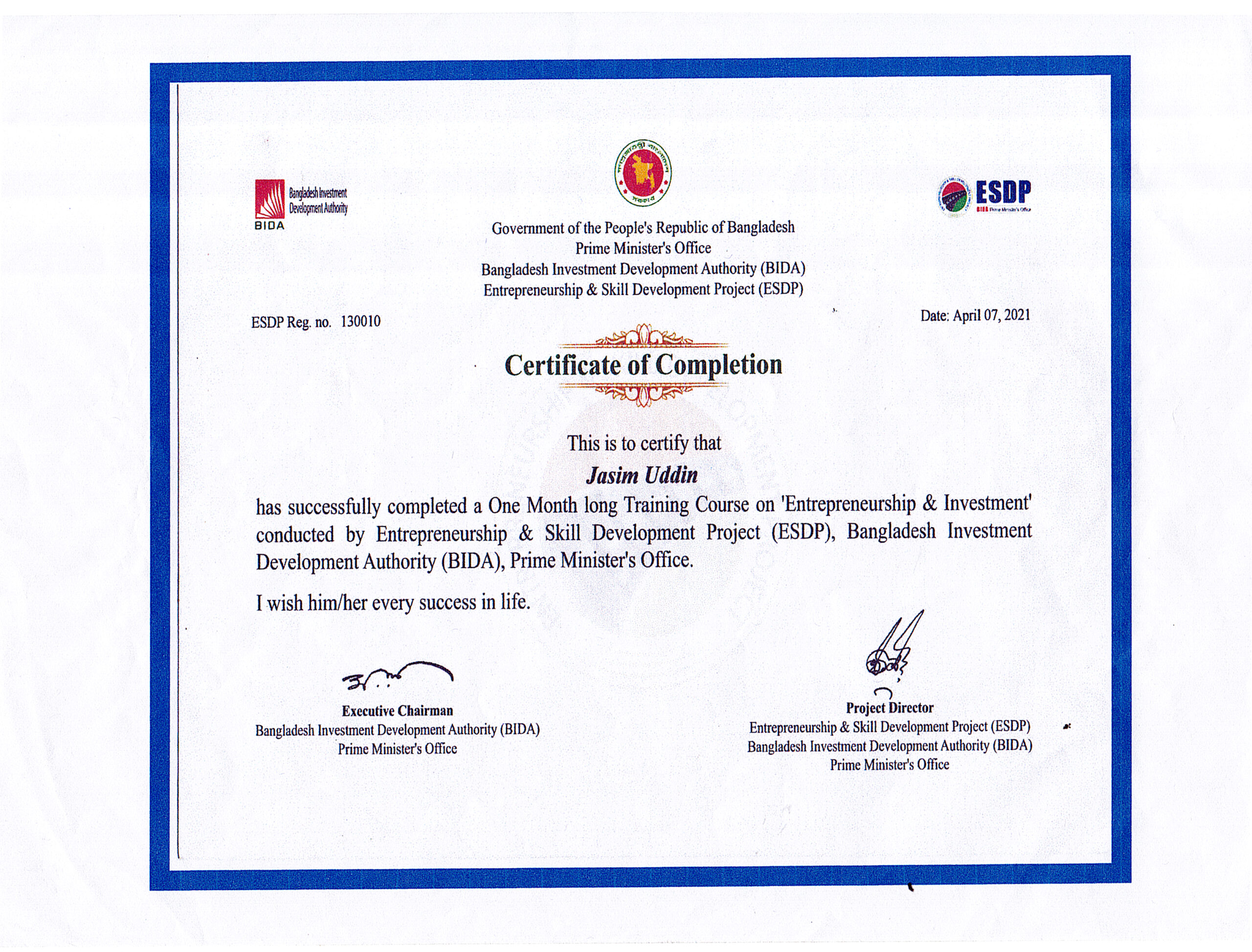 Certificate Bida