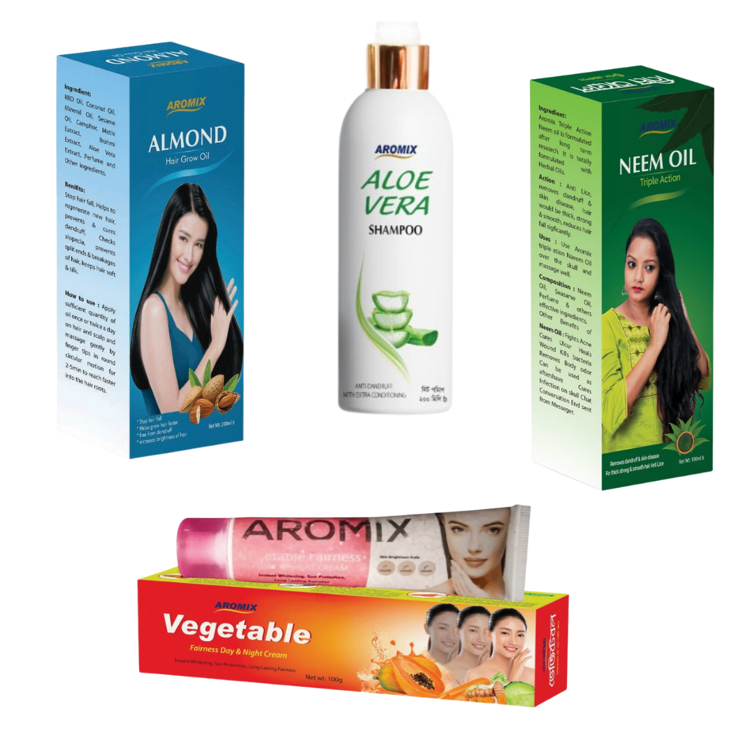 Aromix Almond Oil, Aloe Vera Shampoo, Neem Oil and Vegetable Fairness Cream
